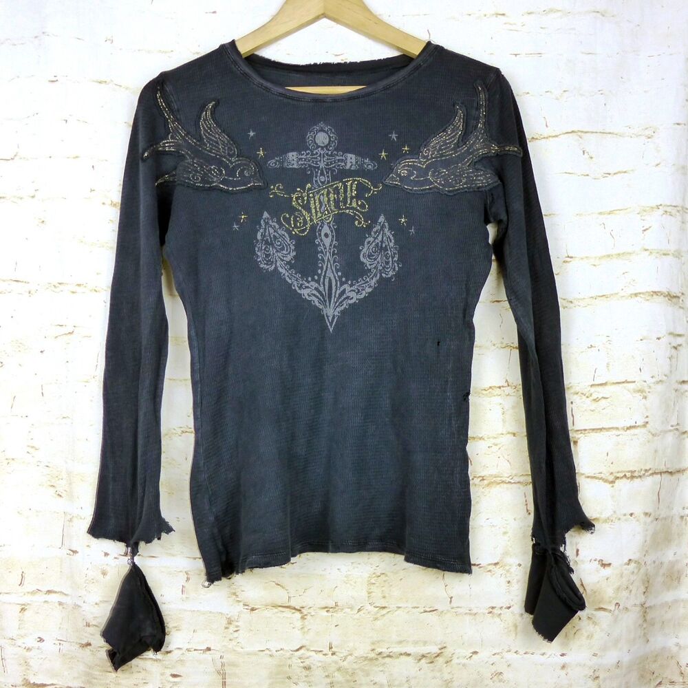 VTG Sinful Affliction Thermal Waffle Top Women M Black Destroyed Bird Tattoo Y2K